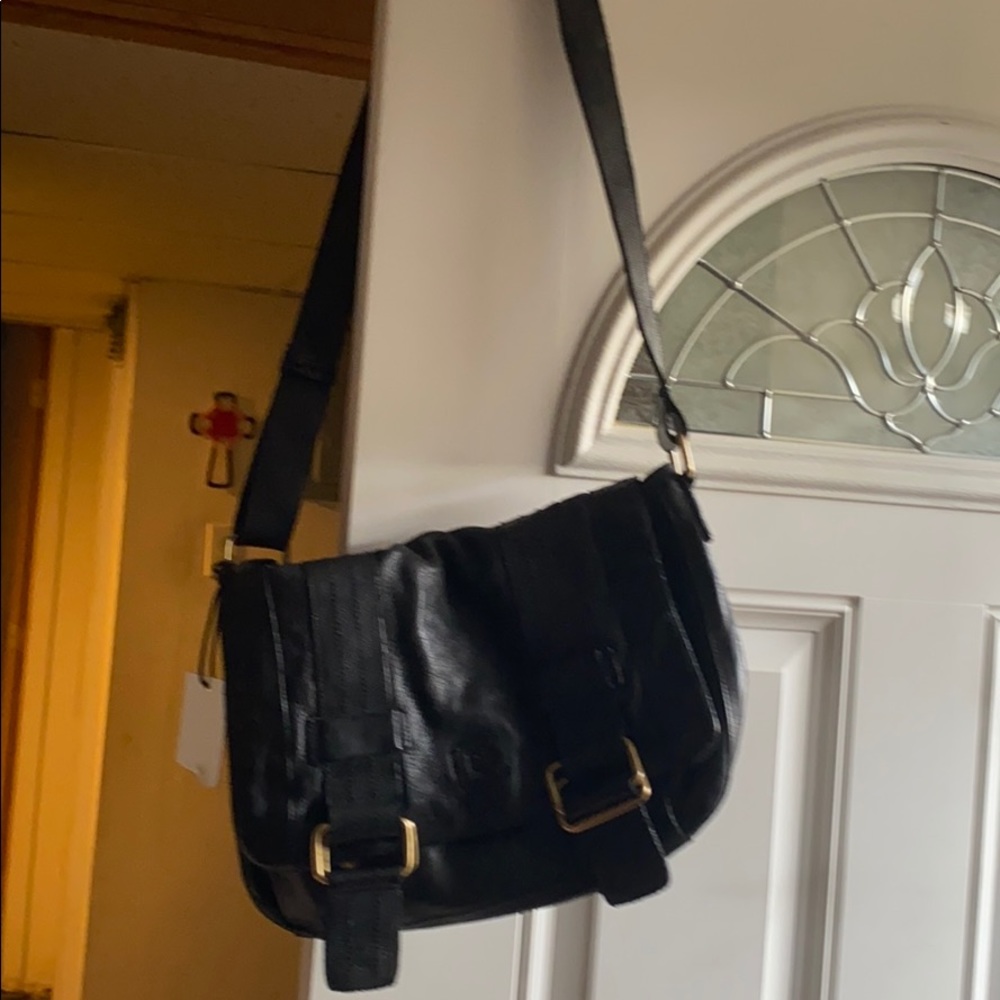 Black real leather cross over bag